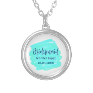 Bridesmaid blue green watercolor add name date sty silver plated necklace