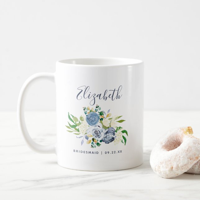 Bridesmaid Blue Ivory Floral Personalized Wedding Coffee Mug (With Donut)