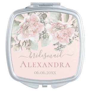 Bridesmaid blush floral dusty rose boho chic name compact mirror