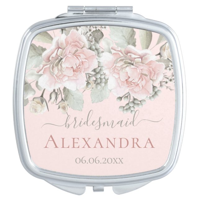 Bridesmaid blush floral dusty rose boho chic name compact mirror (Front)