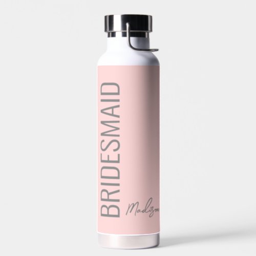 Bridesmaid Blush Pink Grey Script Personalized Water Bottle
