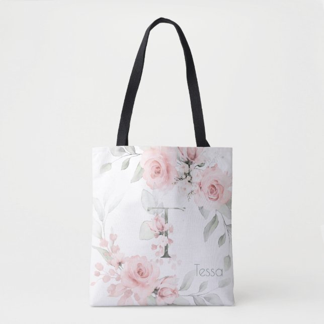 Bridesmaid Blush Pink Rose Monogram Letter T Tote Bag (Front)