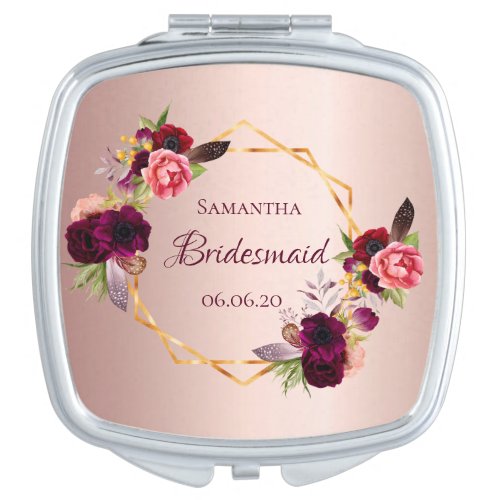 Bridesmaid blush rose gold florals burgundy compact mirror