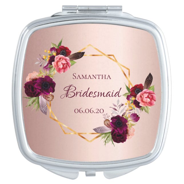 Bridesmaid blush rose gold florals burgundy compact mirror (Front)