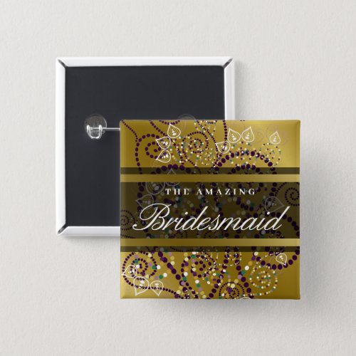 BRIDESMAID Boho Purple Spirals Gold Wedding Party Pinback Button