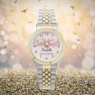 Bridesmaid bow blush pink name watch