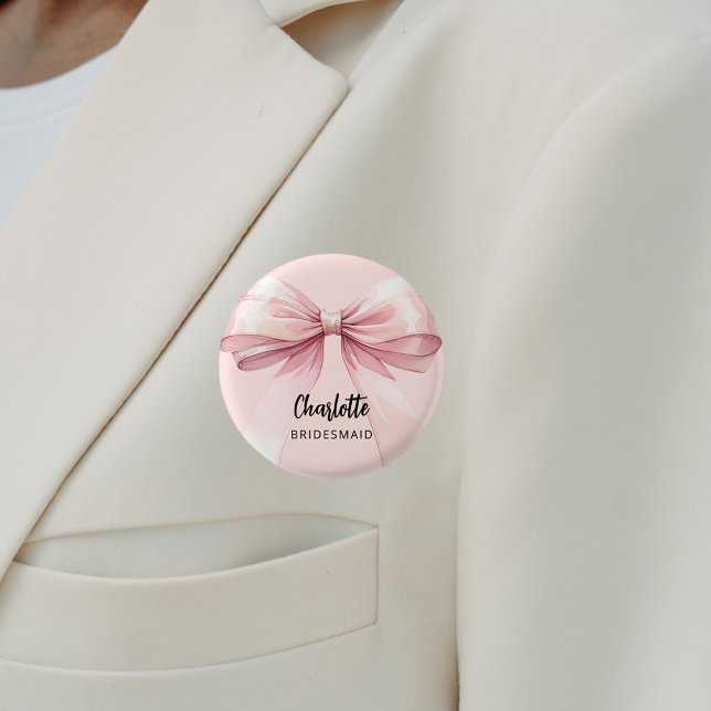 Bridesmaid bow pink name tag button (Creator Uploaded)