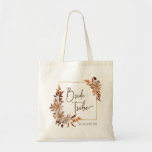 Bridesmaid Bride Tribe Wedding Tote Bag<br><div class="desc">Bridesmaid Bride Tribe Wedding Tote Bag. This elegant wedding tote bag features hand-painted watercolor burnt orange and terracotta leaves,  cream and beige dahlias,  and beautiful rust-colored roses with 'bride tribe' in an elegant hand lettering and bridesmaid's name for personalizing. Find matching items in the White Autumn Romance Collection.</div>