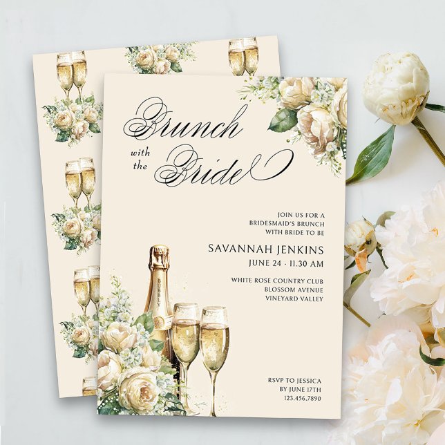 Bridesmaid Brunch with the Bride Champage Roses Invitation (Brunch with the Bride floral champagne bridesmaid's brunch invitation on cream)
