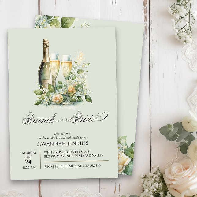 Bridesmaid Brunch with the Bride Champagne Floral Invitation (Brunch with the Bride floral champagne bridesmaid's brunch invitation on light sage green)