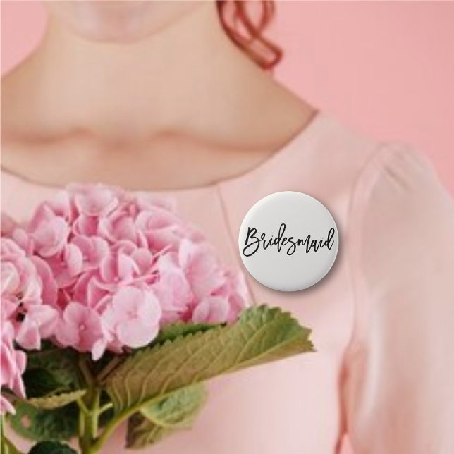 Bridesmaid Brush Script Chic Wedding Bridal Party Button ('Bridesmaid' Brush Script Calligraphy Wedding Rehearsal Pin Button @ fatfatin_blue_knot)