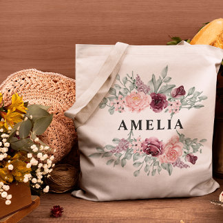 Bridesmaid Burgundy and Pink Floral Monogram Name Tote Bag