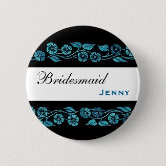 Bridesmaid Button Black with Blue Vintage Flowers