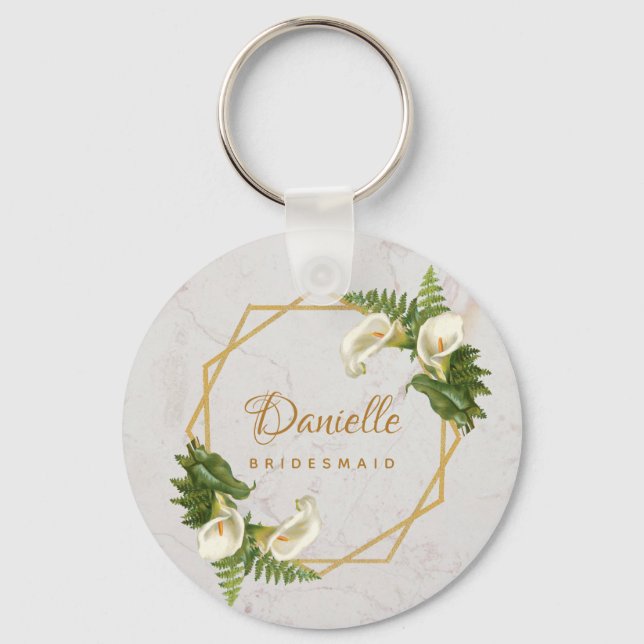 Bridesmaid Calla Lilies Marble Gold Geometric Keychain (Front)