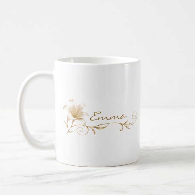 Bridesmaid Champagne Gold Lily Name Mug (Left)