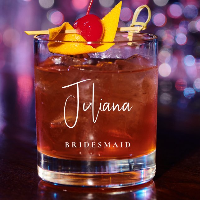 Bridesmaid Chic White Script Monogram Wedding Whiskey Glass (Creator Uploaded)