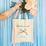 Bridesmaid | Choose any Color Coquette Bow Tote Bag<br><div class="desc">This stylish,  whimsical tote says "Bridesmaid" in chic,  handwritten script with an illustrated coquette bow and a spot for her name. You can customize the tote by choosing any color for the text and bow,  so your bridal wedding party can match.</div>