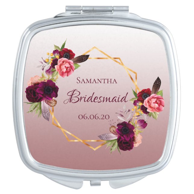 Bridesmaid cinnamon rose florals burgundy compact mirror (Front)