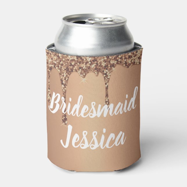Bridesmaid Copper Gold Drip Glitter Weddings Can Cooler (Can Front)