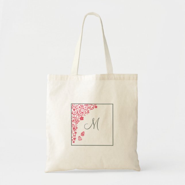Bridesmaid Coral Butterfly Garden Script Monogram Tote Bag (Front)