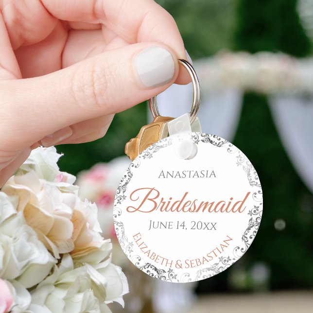 Bridesmaid Coral & Silver Lace White Wedding Gift Keychain (Creator Uploaded)
