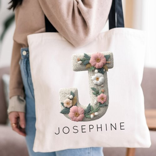 Bridesmaid | Custom Name Floral Embroidery Effect Tote Bag