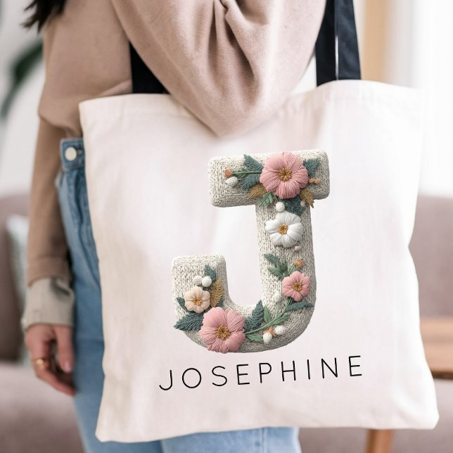 Bridesmaid | Custom Name Floral Embroidery Effect Tote Bag (Aesthetic Garden Party Gift for Graduation | Boho Chic Floral Initial Tote for New Moms)