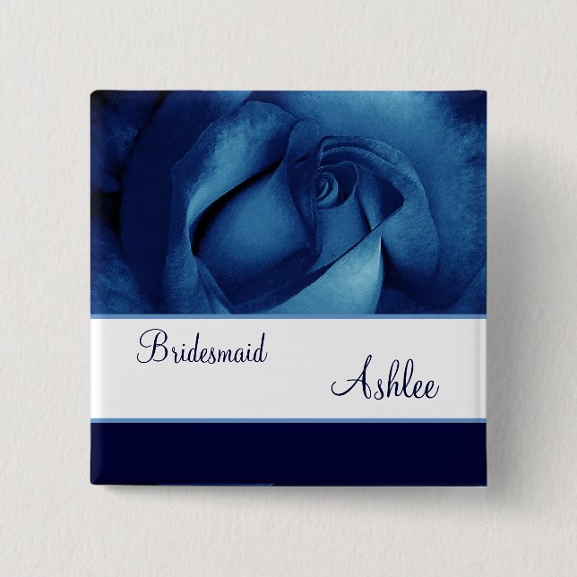 BRIDESMAID Custom Name Navy Blue Rose No 05 Pinback Button (Front)