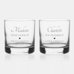 Bridesmaid Custom Personalised Name Wedding Party Whiskey Glass<br><div class="desc">Bridesmaid Custom Personalised Name Wedding Party Wiskey Glass Rocks Glass features your bridesmaid's name with the bridal couple's names and wedding date accented with a small love heart. Custom made for your bridesmaids. Makes a fabulous bridesmaid gift or wedding favor. Designed by ©2024 Evco Studio www.zazzle.com/store/evcostudio</div>