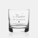 Bridesmaid Custom Personalised Name Wedding Party Whiskey Glass<br><div class="desc">Bridesmaid Custom Personalised Name Wedding Party Wiskey Glass Rocks Glass features your bridesmaid's name with the bridal couple's names and wedding date accented with a small love heart. Custom made for your bridesmaids. Makes a fabulous bridesmaid gift or wedding favor. Designed by ©2024 Evco Studio www.zazzle.com/store/evcostudio</div>