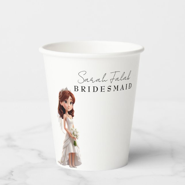 Bridesmaid  | Cute Cartoon Bride with script Paper Cups (Front)