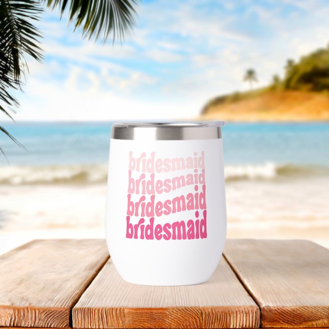 Bridesmaid cute retro pink, personalized with name thermal wine tumbler (Beach)