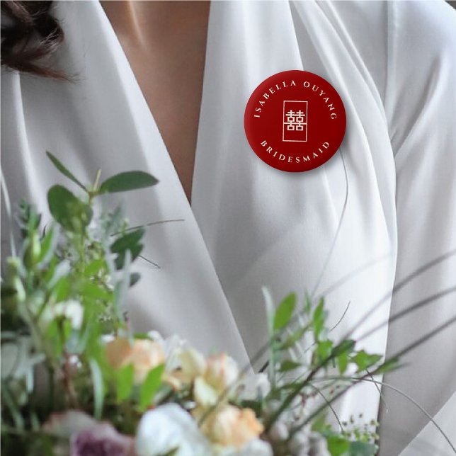 Bridesmaid Double Happiness Chinese Wedding Party Button (BRIDESMAID Simple Rectangle Double Happiness Chinese Wedding Party Button @ fatfatin_red_knot)