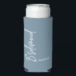 Bridesmaid Dusty Blue Script Personalized Wedding Seltzer Can Cooler<br><div class="desc">Surprise your bridesmaids with this Bridesmaid Dusty Blue Script Personalized Wedding Seltzer Can Cooler. It is trendy modern minimalist designed with a solid light blue background. The word "bridesmaid" is in stylish white hand lettered script vertical on left side. Name is in white simple lettering across lower right area. Design...</div>