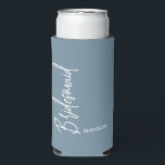 Bridesmaid Dusty Blue Script Personalized Wedding Seltzer Can Cooler<br><div class="desc">Surprise your bridesmaids with this Bridesmaid Dusty Blue Script Personalized Wedding Seltzer Can Cooler. It is trendy modern minimalist designed with a solid light blue background. The word "bridesmaid" is in stylish white hand lettered script vertical on left side. Name is in white simple lettering across lower right area. Design...</div>