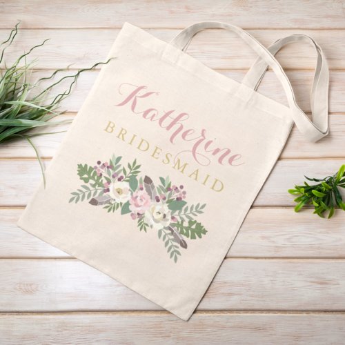 Bridesmaid Dusty Pink Floral Boho Custom Wedding Tote Bag