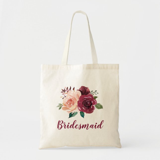 Bridesmaid Dusty Rose Burgundy Floral Wedding Tote Bag (Front)