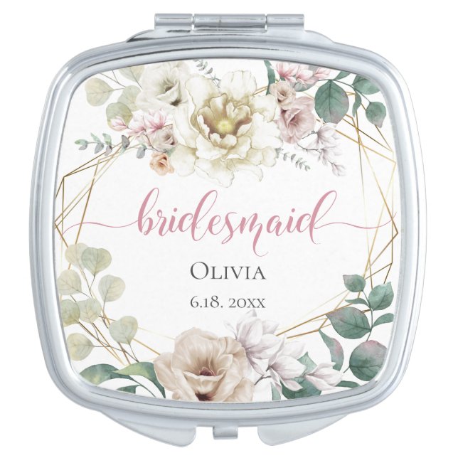 Bridesmaid Elegant Blush and Ivory Peony Flowers Compact Mirror (Front)