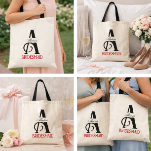 Bridesmaid Elegant Monogram Black Red Typography Tote Bag