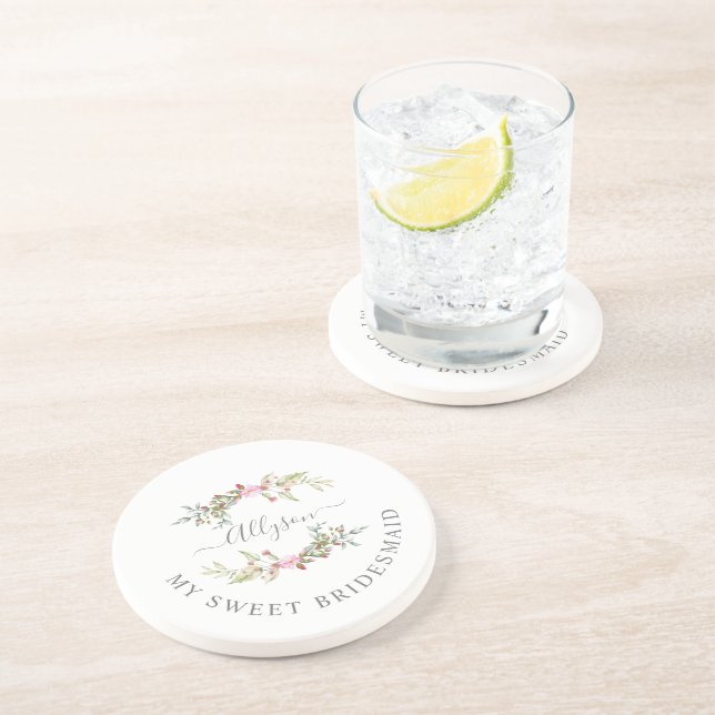 Bridesmaid Elegant Romantic Wreath in Pink Tones Coaster (Side)