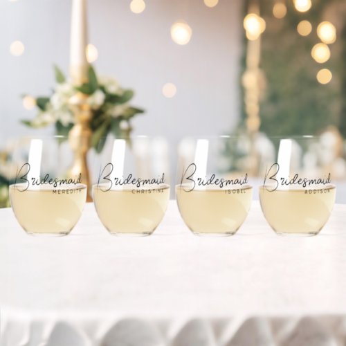 Bridesmaid Elegant Script Custom Name Gift Set Stemless Wine Glass