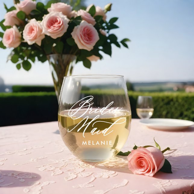 Bridesmaid Elegant Script Name Wedding Party Stemless Wine Glass