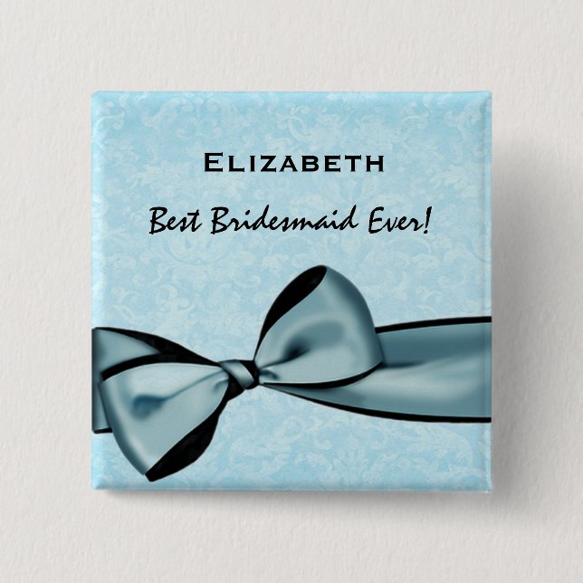 Bridesmaid Faux Blue Satin Bow Custom Name Button (Front)
