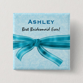 Bridesmaid Faux Blue Satin Bow Custom Name Pinback Button