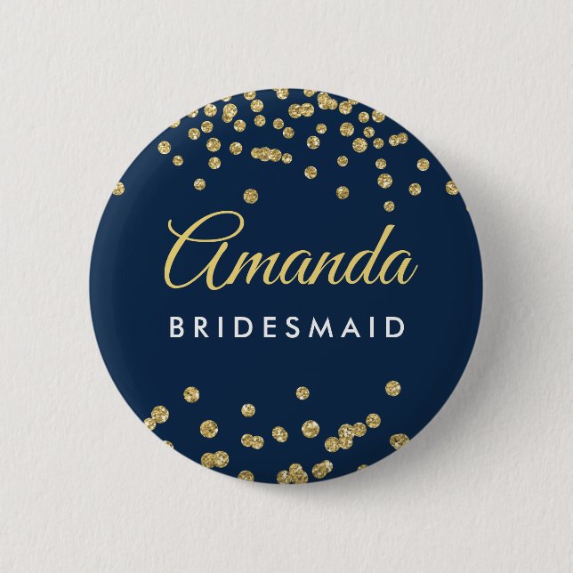 Bridesmaid Favor Gold Faux Glitter Confetti Navy Button (Front)