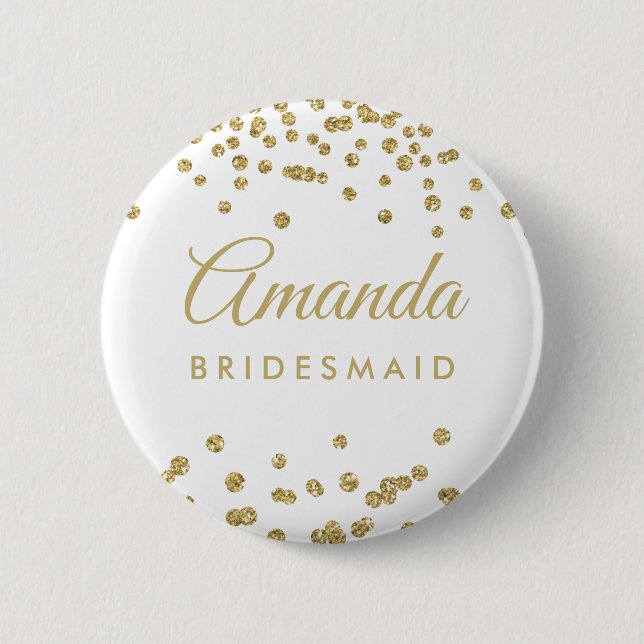 Bridesmaid Favor Gold Faux Glitter Confetti White Pinback Button (Front)