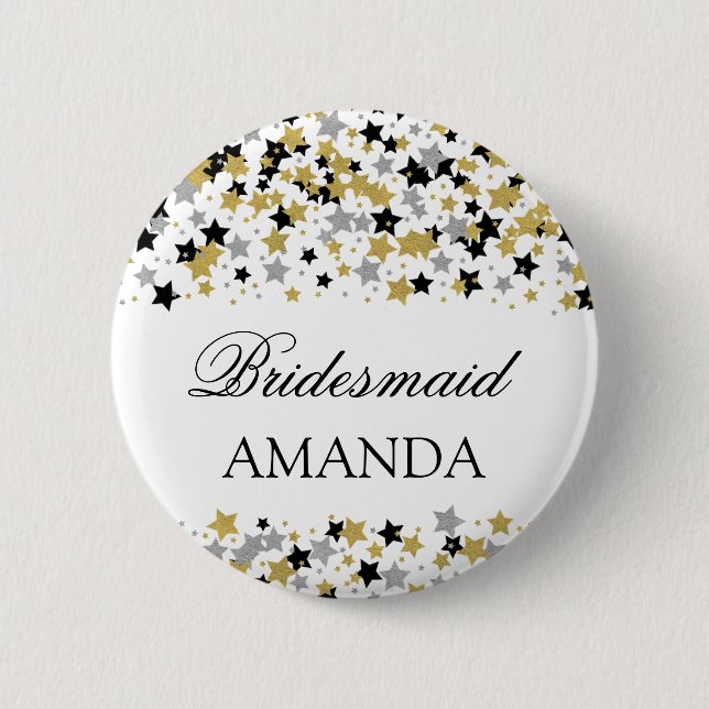 Bridesmaid Favor Gold Foil Look Stars Confetti Pinback Button (Front)