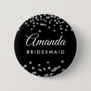 Bridesmaid Favor Silver Glitter Confetti Black Button