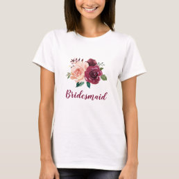 Bridesmaid Floral Blush Pink Burgundy Rose Wedding T-Shirt