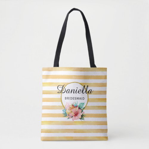 BRIDESMAID FLORAL  GOLD STRIPES Personalized Tote Bag